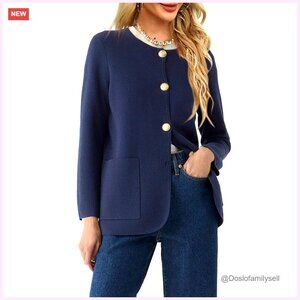 Women's Crew Neck Button Down Cardigan Sweater with Pockets, Casual Blazer Style